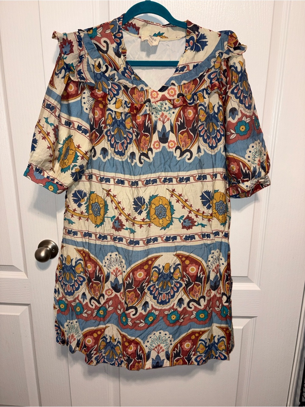 Umgee Multicolor Boho Midi Dress with Puff Sleeves